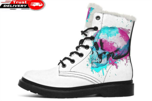 pink and blue splash skull faux fur leather boots