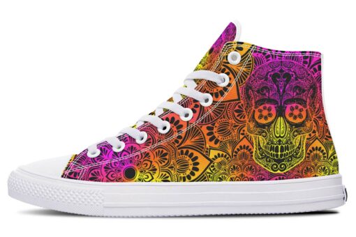 pink and yellow color merge skull high top canvas shoes