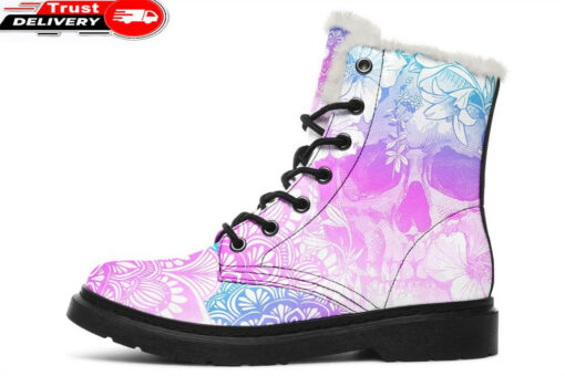 pink blue skull mandala faux fur leather boots