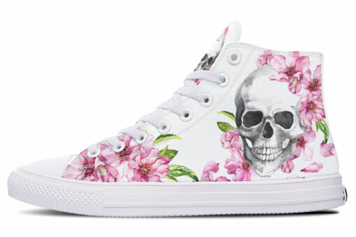 pink flower and skull painting high top canvas shoes