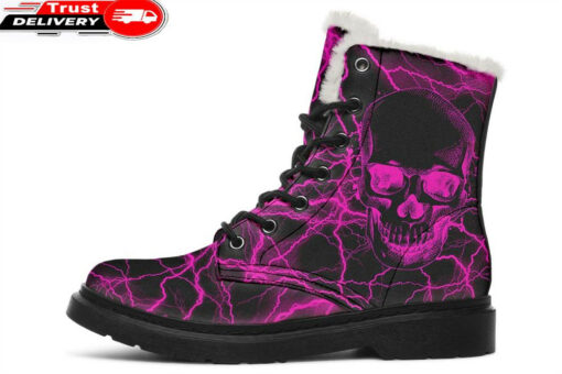 pink lightning skull faux fur leather boots