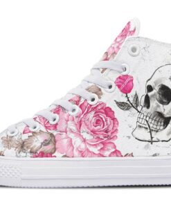 pink rose in the mouth skull high top canvas shoes