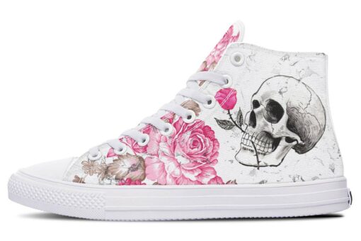 pink rose in the mouth skull high top canvas shoes