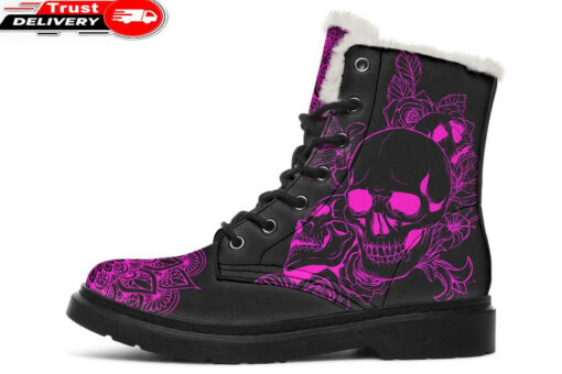 pink skull faux fur leather boots