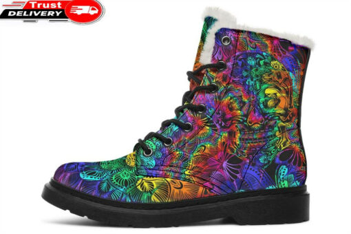 psychedelic skull faux fur leather boots