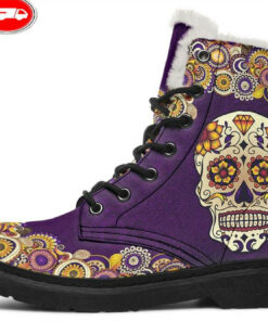 purple mandala skull faux fur leather boots