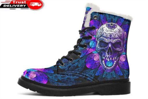 purple open mouth skull faux fur leather boots