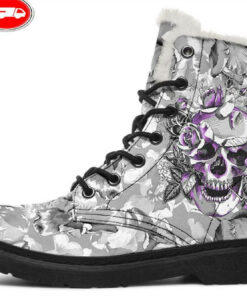 purple skull and flowers faux fur leather boots
