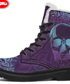 purple skull faux fur leather boots