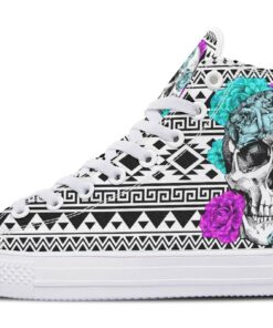 purple turquoise flower skull high top canvas shoes