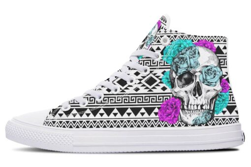 purple turquoise flower skull high top canvas shoes