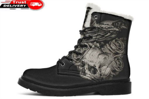 raven skull roses faux fur leather boots