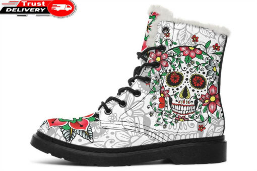 red flower sugar skull faux fur leather boots 1