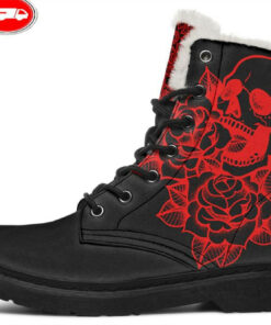 red roses skull design faux fur leather boots 1