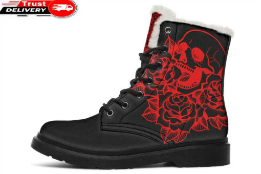 red roses skull design faux fur leather boots 1
