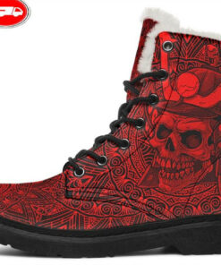 red samurai skull mandala faux fur leather boots 1