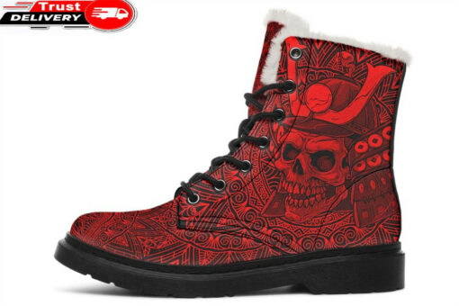 red samurai skull mandala faux fur leather boots 1