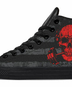 red skull bitting barbell high top canvas shoes