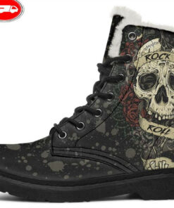 rock n roll skull faux fur leather boots 1