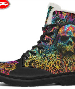 roll with colors skull faux fur leather boots 1