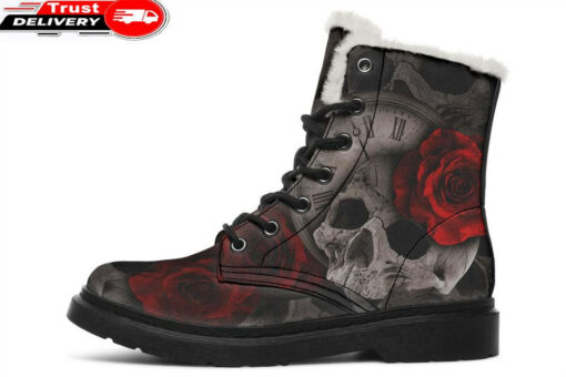 rose skull clock faux fur leather boots 1