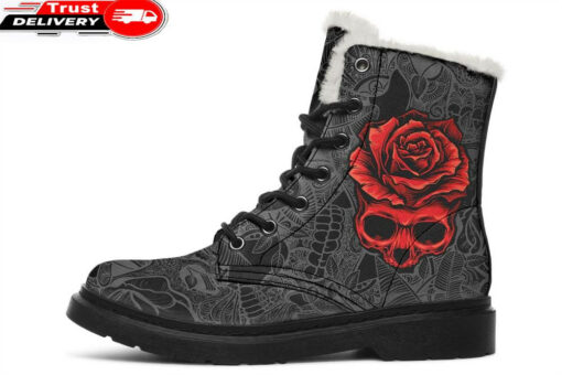rose skull red faux fur leather boots 1