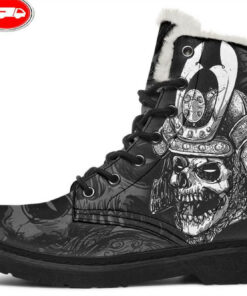 samurai skull tattoo faux fur leather boots 1
