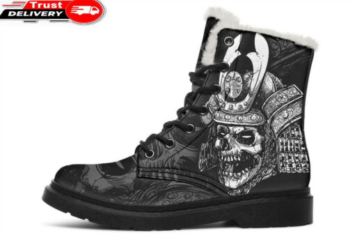 samurai skull tattoo faux fur leather boots 1