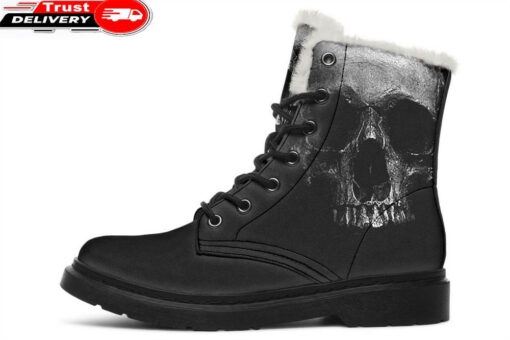 scary skull faux fur leather boots 1