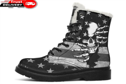 skeleton hands and flag faux fur leather boots 1