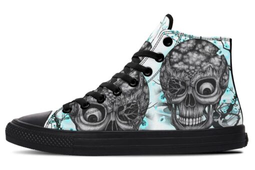 skull and aqua flowers high top canvas shoes
