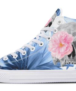 skull and blue flower background high top canvas shoes