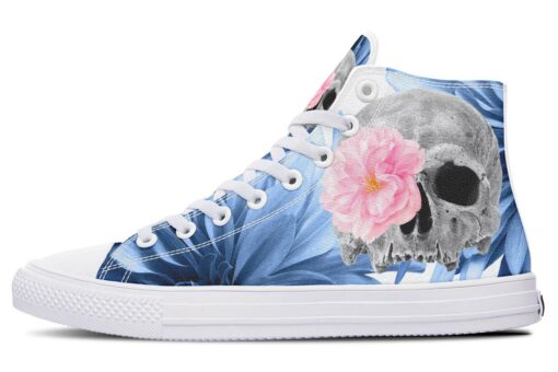 skull and blue flower background high top canvas shoes