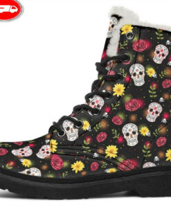 skull and daisy flowers faux fur leather boots 1