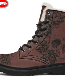 skull and flowers brown faux fur leather boots 1