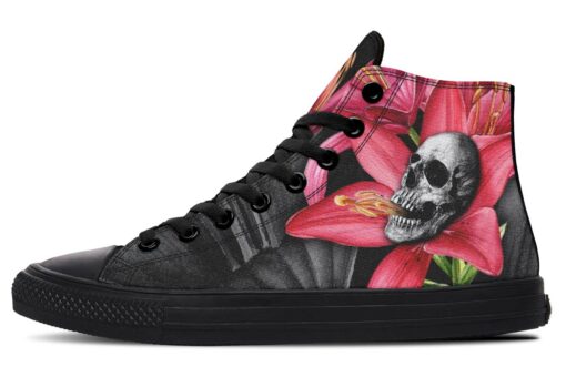 skull and lily flower high top canvas shoes