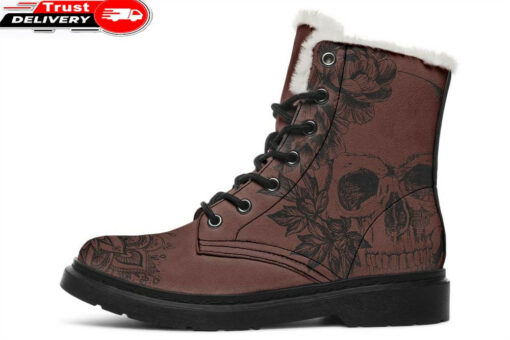 skull and mandala brown faux fur leather boots 1