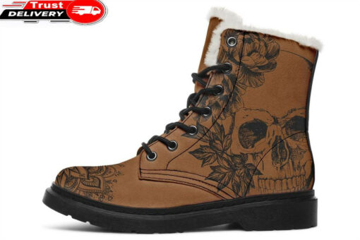 skull and mandala cognac faux fur leather boots 1