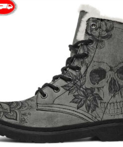skull and mandala faux fur leather boots 1