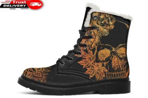 skull and mandala gold faux fur leather boots 1