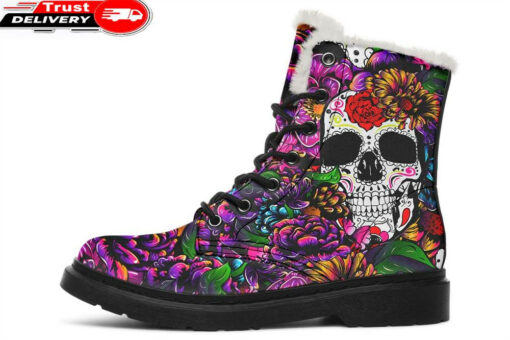 skull and mandala party faux fur leather boots 1