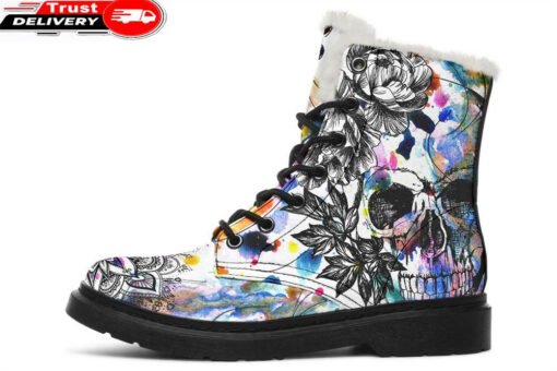 skull and mandala watercolors faux fur leather boots 1