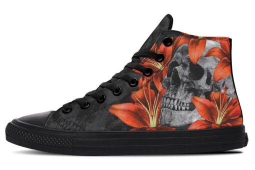 skull and orange lily flowers high top canvas shoes