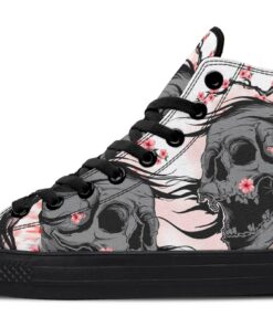 skull and pink flowers high top canvas shoes