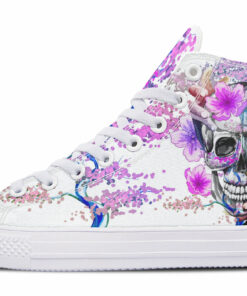skull and purple flower painting high top canvas shoes