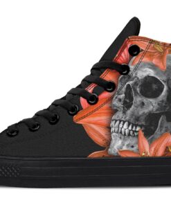 skull and red lily flowers high top canvas shoes