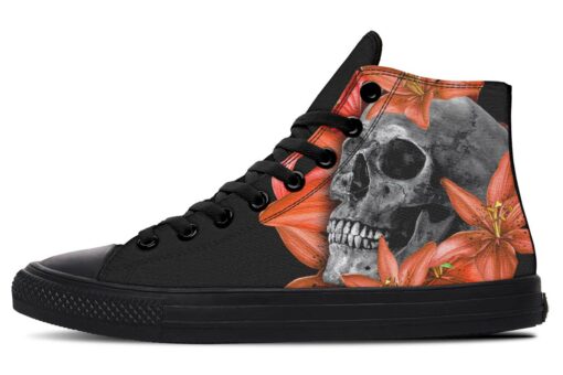 skull and red lily flowers high top canvas shoes
