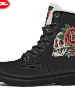 skull and red rose traditional tattoo faux fur leather boots 1