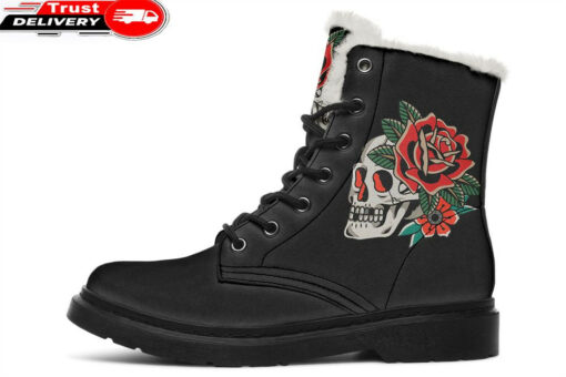 skull and red rose traditional tattoo faux fur leather boots 1