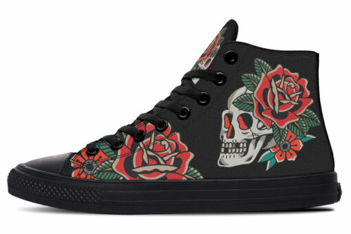 skull and red rose traditional tattoo high top canvas shoes